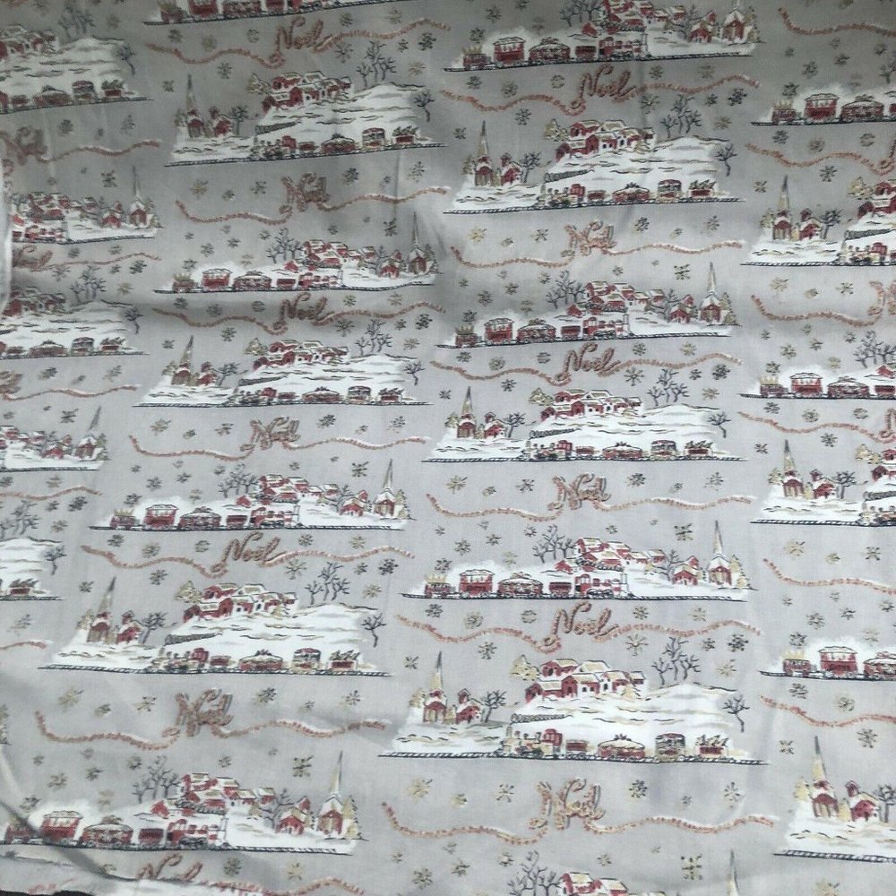 Christmas Fabric Vintage Train Scenic Noel Snow Holiday 1 Yard Red Black Beige
